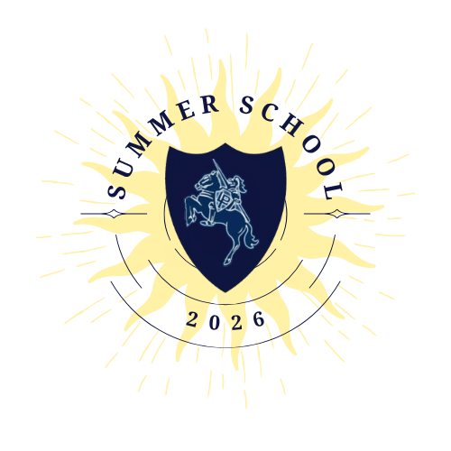 Summer School 2026 Logo with Lancer on Horse on a Navy Blue Shield in front of a Sun